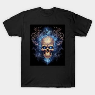 Skull on Blue Fire: Baroque Vintage Ornament Background T-Shirt
